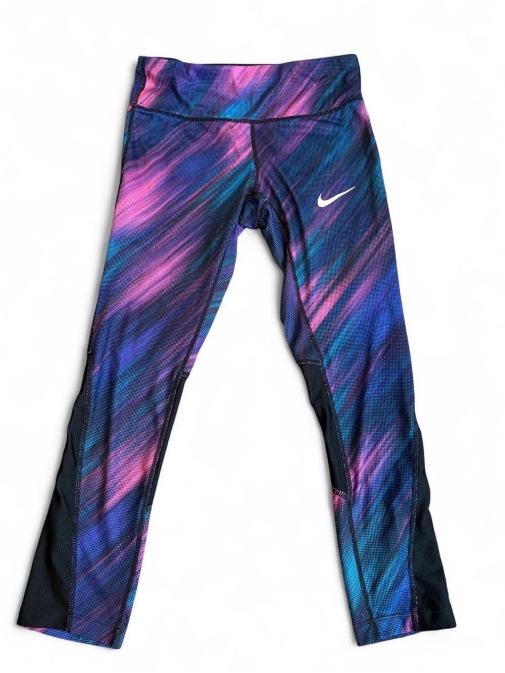 Nike Power Epic Dri-Fit Galaxy Leggings Purple Pink Teal Mesh Panel Crop XS